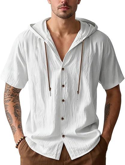 Visit the QOSOQ Store Men's Cotton Linen Shirts Short Sleeve Casual Sweatshirts Button Down Summer Beach Wedding Shirts with Hoodies