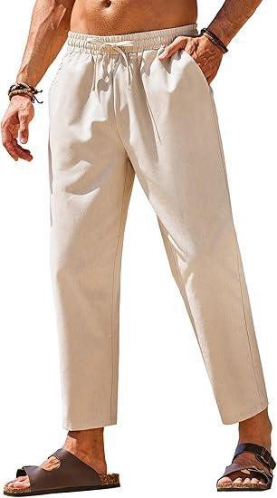 Visit the COOFANDY Store COOFANDY Mens Linen Casual Pants Elastic Waist Drawstring Trousers Yoga Beach Summer Pants