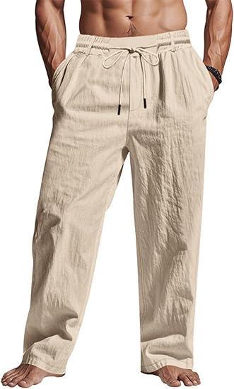 Visit the TRFIC Store ‌Men's Linen Pants Lightweight Drawstring Elastic Waist Pockets Loose Fit Straight Legs Summer Beach Yoga
