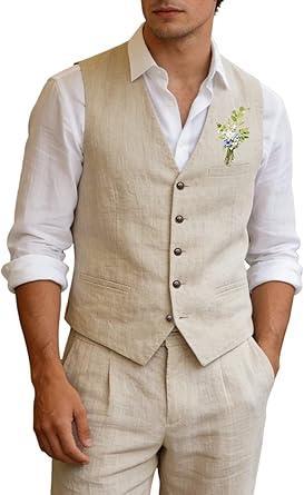 Visit the Aowdoy Store Men's Linen Suits 2 Piece Slim Fit Suit Prom Beach Wedding Groomsman Vest Pants Set Casual Summer Linen Outfit