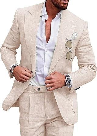Visit the UNINUKOO Store UNINUKOO Linen Suit for Men Summer Wedding 2 Piece Suit Set Peak Lapel Casual Blazer Pants Beach Wear for Men
