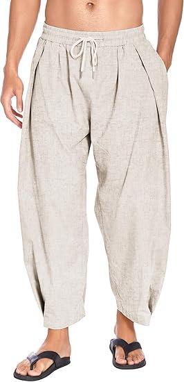 Visit the COOFANDY Store COOFANDY Men's Cotton Linen Harem Pants Drawstring Casual Cropped Trousers Lightweight Loose Beach Yoga Pants with Pockets