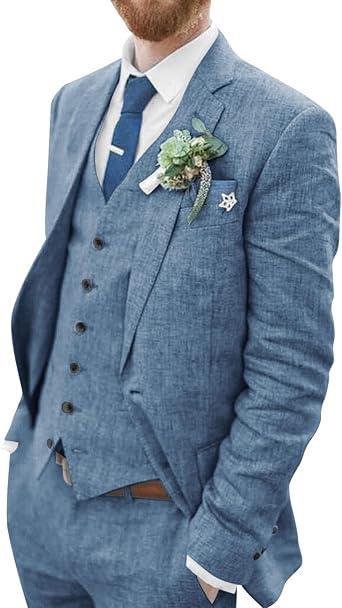 Visit the Wangyue Store Wangyue Men's Linen Suit 3 Piece Suit Slim Fit Two Buttons Casual Suits Summer Beach Wedding Suits Set