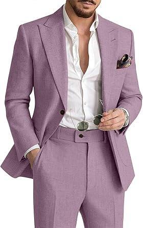 Visit the HUEZOE Store Mens Linen Suit 2 Piece Casual Suits for Men Summer Beach Groom Wedding Suit Linen Blazer Pants Set