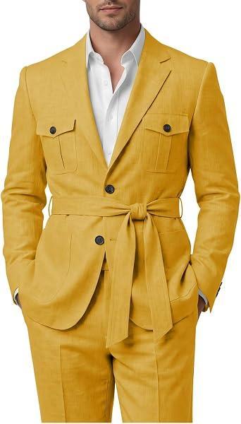Visit the TIJOFA Store Men's Linen Suit 2 Piece Belted Safari Jacket Blazer and Pants Set Lightweight Summer Beach Wedding Prom Outfits