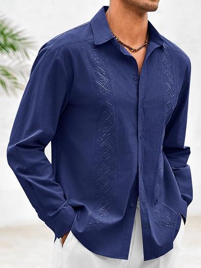 Visit the Makkrom Store Makkrom Men's Casual Cotton Linen Button Down Shirts Cuban Guayabera Shirt Long Sleeve Summer Beach Tops