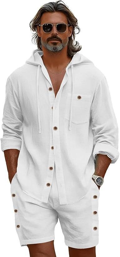 Brand: Woitury Men's 2 Pieces Linen Outfit Summer Set Long Sleeve Shirts Casual Beach Shorts With Pockets Vacation Yoga Outfits