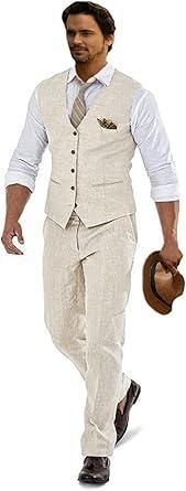 Visit the Furuyal Store Furuyal Linen Suits for Men Casual Wedding Suits Men 2 Piece Suits Groomsmen Tuxedos Summer Beach Prom Vest and Pants Set