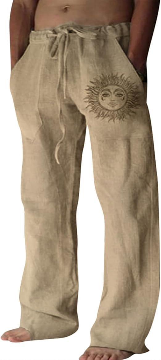 Visit the Puimentiua Store Puimentiua Cotton Linen Pants Men, Summer Beach Pants Loose Fit with Elastic Waist Drawstring